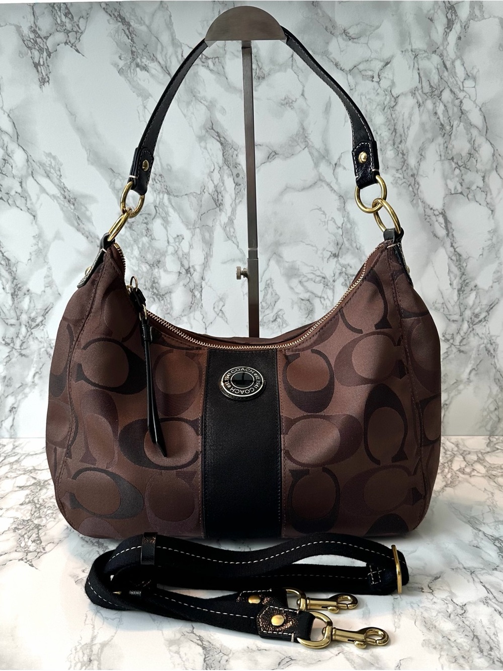 Coach | Brown Signature Canvas Hobo with Black Trim and Gold Hardware